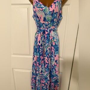 Lilly Pulitzer Madsen V-Neck Maxi Dress Blue Tang Sitting Seaside